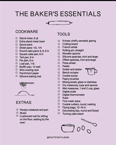 the baker's essentials list is shown in black and white on a pink background