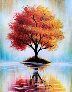 an oil painting of a tree with its leaves changing colors and reflecting in the water