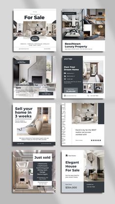 a set of four different webpages with an image of a kitchen and living room