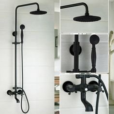 four different views of a shower head with handset and hand held shower faucet