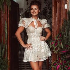 Lace Puffy Sleeve Backless Romper Summer Puff Sleeve Coquette Dresses, Summer Coquette Dress With Puff Sleeves, Summer Party Dress In Coquette Style, Summer Party Coquette Dress, Coquette Summer Party Dress, White Coquette Mini Dress For Party, Backless Romper, Dresses Lace, Dresses Backless