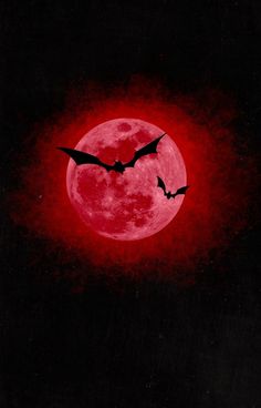 two bats flying in front of a full moon with blood red paint on it's surface