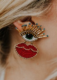 "Speak & Spy" Eye/Lip Beaded Statement Earrings – Adorabelles Red Lip, Eyes Lips, Red Lips, Evil Eye