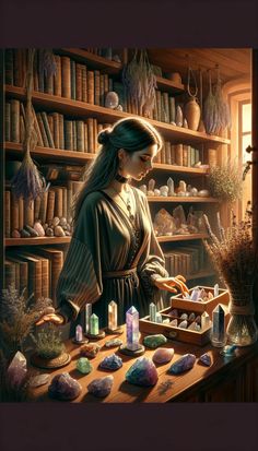 a painting of a woman standing in front of a shelf filled with rocks