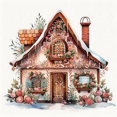 a gingerbread house decorated with flowers and greenery on the roof is shown in this watercolor painting