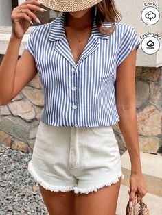 Azul Casual Collar manga corta Tela tricotada A rayas Camisa Embellished No-Elástico Striped Shirts, Coastal Granddaughter, Linen Cardigan, Cardigan Shirt, Women Blouses, Spring Shirts, Kids Beachwear, Maternity Bag, Striped Shirt