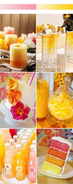 a collage of photos with different types of food and drinks on it, including cake, candles, lemonade, oranges, candy bars, and candies