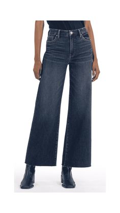 Rock a throwback look in faded, high-rise wide-leg jeans featuring raw hems and Fab Ab front pockets that comfortably shape and slenderize. High Rise Raw Hem Stretch Denim True to Size. Model is wearing a size 0. Care: Machine wash, Tumble Dry Low Fabric: 87% Cotton, 12% Polyester, 1% Spandex Size & Fit: Inseam: 27", Leg Opening: 23", Rise: 10 1/2" Kut Jeans, Rock A, Kimono Dress, Wide Leg Denim, Sweater Sleeves, Cardigan Jacket, Skirts For Sale, Wide Leg Jeans, Stretch Denim