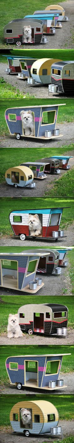 four different views of an rv parked in the grass