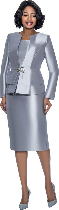 Terramina Signature Suit Style: T7990 Three Piece Church Suit With Pleated Layer Jacket Color: Silver Beautiful choice for church, social events and conventions Save an Extra 10% at Checkout, Use Coupon Code: SAVE10 Holiday Suits, Women Church Suits, Fancy Suit, Women Church, Church Suits, Dressy Skirts, Three Piece Suit, Suit Style, Suit Shop