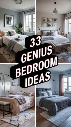 three photos with the words 3 genius bedroom ideas