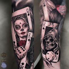 a pair of leg tattoos with playing cards and skulls on them, both holding dices