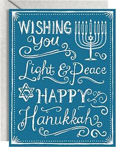 a blue greeting card with the words wishing you light and peace happy hanukkah