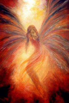 a painting of a woman with wings in the air, surrounded by red and yellow colors