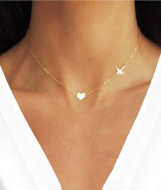 "Gold Choker, Bird Choker, Heart Choker! ♥Item includes dainty necklace, sideways bird, and heart pendant of your preferred color! :) If you would like the heart engraved then write initial(s) on notes section before purchasing. Perfect a special gift to yourself and others! Available in gold & silver! Model is wearing 16\" length necklace. We beautifully package every item in a jewelry gift box with a bow, FREE of charge! QUALITY: * 100% top quality necklaces * 14k Gold Filled, Sterling Sil Cute White Heart Necklace For Valentine's Day, Dove Jewelry, Initial S, Chunky Monkey, Choker Gold, Dainty Choker, Flying Bird, Heart Choker, Length Necklace