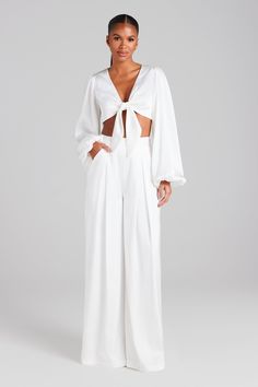 Daniella White Pants Luxury White Bohemian Pants, White Tie Top, Wardrobe Necessities, Nadine Merabi, White Pants Women, White Trousers, White Tie, Tie Top, White Pants