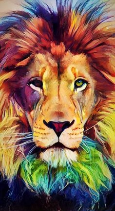 a painting of a lion with green eyes