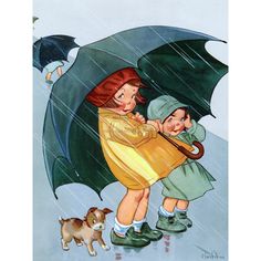 "This modern greeting card shows a little boy and girl under a big umbrella in the rain. Behind them their little dog looks unhappy to be getting wet, and wishes he has galoshes too! It is a reproduction from a vintage image by artist Charles Twelvetrees, circa the 1920s. This card would make a good Get Well card or card of sympathy or encouragement. Our cards are all 5\" x 7\" inches, (unfolded they measure 7\" x 10\"), printed on heavy matte card stock. All cards are blank inside. Each card co Childrens Illustrations, Vintage Cards, In The Rain, Vintage Images, Get Well, Vintage Children, Vintage Illustration