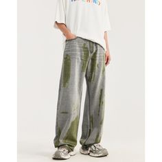 Contrast Hand-Painted Wide Leg Baggy Jeans Material: 65.7% Cotton+25.9% Polyester+8.4% Viscose Size: S, M,, L, XL Multiple Color Selections: Gray  Season: Spring, Fall, Summer Casual Relaxed Fit Bottoms With Paint Splatter, Casual Paint Splatter Bottoms For Summer, Casual Graffiti Print Bottoms For Spring, Spring Casual Bottoms With Graffiti Print, Casual Spring Bottoms With Graffiti Print, Dance Pants Hip Hop, Wide Leg Baggy Jeans, Dance Pants, Tactical Pants