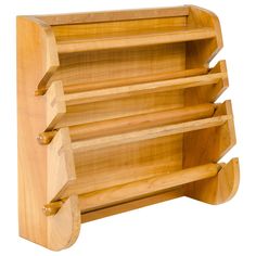 a wooden magazine rack with six compartments on each side and four open sections at the top