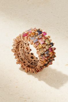 Suzanne Kalan's ring is truly a work of art. Handcrafted in LA from 18-karat rose gold, it's encrusted with scores of multicolored princess-cut sapphires in an array of sizes using the label's signature 'Firework' setting. Let yours take the limelight by wearing it alone with a neutral manicure. Luxury Multicolor Sapphire Ring, Luxury Multi-stone Rose Gold Ring, Luxury Multi-stone Sapphire Baguette Cut Ring, Rose Gold Multi-stone Sapphire Jewelry, Rose Gold Sapphire Multi-stone Jewelry, Rose Gold Sapphire Jewelry With Multi-stone, Fine Jewelry Multi-stone Sapphire Ring In Rose Gold, Rose Gold Multi-stone Sapphire Ring, Luxury Multi-stone Rose Gold Sapphire Ring