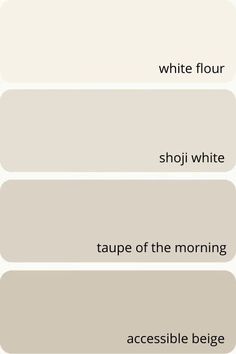 four different shades of white paint with the words, which are labeled in black and white