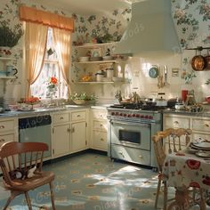 an old fashioned kitchen with white cabinets and floral wallpaper on the walls is shown