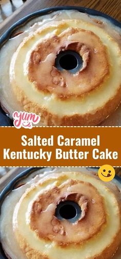 two cakes sitting on top of a pan covered in frosted caramel kentucky butter cake