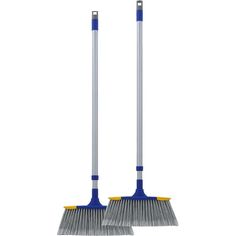 two brooms with blue handles on white background