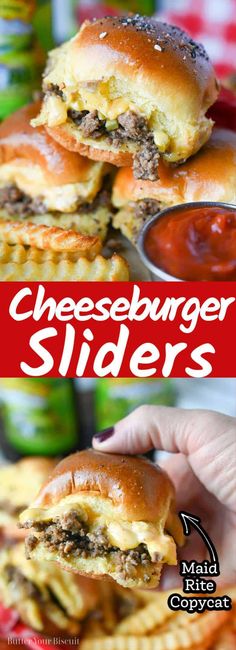 cheeseburger sliders stacked on top of each other