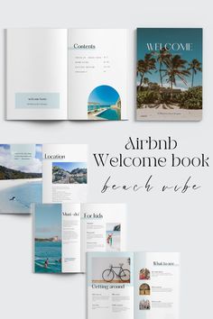 Welcome book Airbnb - editable template - booklet for arriving guest - short term rental house manual - vrbo beach vibe decor - check-in check out procedures - manual for Airbnb - photos and text included - edit with Free account on Canva - house guide Airbnb Brochure Design, Airbnb Welcome Book Template Free, Airbnb Brochure, Welcome Book For Vacation Rental, Airbnb Beach House, Guest Book Design