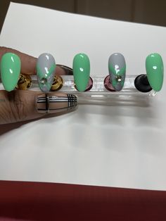 medium stiletto shaped press on nails with a mint green and a gem design.  All of our sets are made with Gel Nail Polish. These nails are reusable, if you take them off the Correct way. Care cards will be added with each purchase.  Each set will come with 10 press on nails, a mini file, cuticle pusher and stick pads.  sizes:  please choose the size you would like options range from XS-XL  for custom sizes please send a message or leave a note on order.  Custom sizes please reference our size car Stiletto Shaped Nails, Medium Stiletto, Gem Design, Shape Nails, Nails Medium, Cuticle Pusher, Nail Sizes, Hand Designs, Glue On Nails