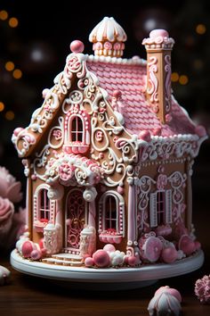 a pink and white gingerbread house on a table