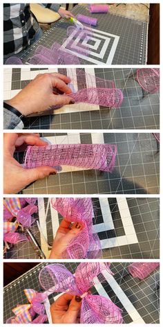 the process of making pink ribbon with scissors