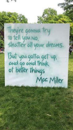 a sign in the grass that says they're going try to tell you no shelter all your dreams but you got up and go and think of better things