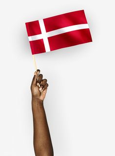 a hand holding a small flag in front of a white background with the danish cross on it