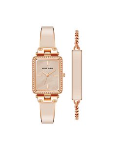 Anne Klein Blush/Rose Gold-Tone Rectangular Case Watch and Bracelet Set Elegant Pink Rectangular Watch, Elegant Pink Rectangular Watches, Timeless Adjustable Rectangular Jewelry, Elegant Rectangular Jewelry With Diamond Hour Markers, Adjustable Rose Gold Rectangular Jewelry, Adjustable Rectangular Rose Gold Jewelry, Rectangular Rose Gold Jewelry For Evening, Elegant Rectangular Watch With Bracelet Strap, Elegant Rectangular Watches With Bracelet Strap