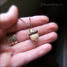 Mini Glass Acorn Necklace in Ivory with attached by bullseyebeads Acorn Caps, Alpha Gam, Acorn Necklace, Metal Leaves, Copper Chain, Girly Stuff, Antique Copper, Bling Bling, Sorority