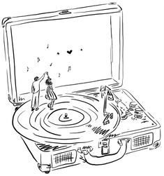 a drawing of a turntable with two people standing next to it and one person looking at the record player