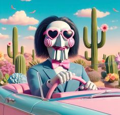 a skeleton driving a pink car in the desert with cactuses and flowers behind it