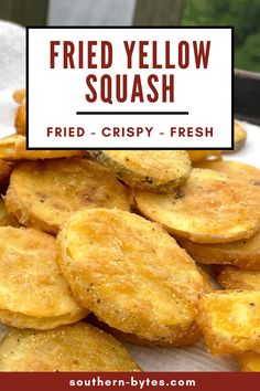 fried yellow squash on a plate with text overlay