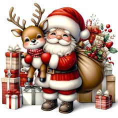 a santa clause holding a bag full of presents and a deer standing next to it