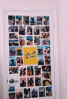 a collage of photos is displayed on a door