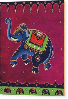 an elephant painted in bright colors on a purple and green background with ornate border around it