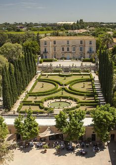 an aerial view of the gardens and buildings