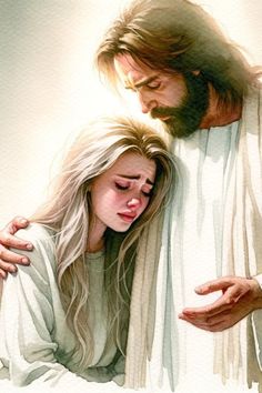 a painting of jesus holding a woman in his arms with the light shining through her eyes