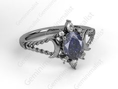 Blue Sandstone Triple Moon Engagement Ring Set This Triple Moon Blue Sandstone dark gothic engagement ring is resembling a perfect meaning, which is a goddess in Greek mythology and depicted as Triple Bodied Moon Goddess. The Triple Moon ring indicate moon phases from crescent moon to full moon and through which it passes every month and thus forms a celestial jewelry which acts as Talisman ring protecting from every outside black magic force, vampire headed problems and everything belongs to da Moon And Ring, Celestial Wedding Rings, Gothic Gemstone Rings With Oval Shape, Gothic Oval Gemstone Rings, Engagement Rings Moon, Gothic Rings Engagement, Moon Engagement Rings, Pagan Engagement Ring, Witchy Wedding Rings