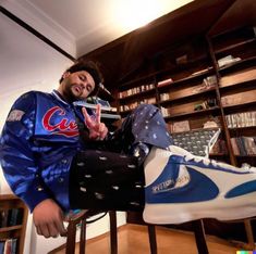 a man sitting on top of a wooden chair next to a book shelf