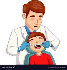 a man is getting his teeth brushed by a young boy in the dentist's chair