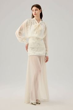 Material: 100% Polyester Chic Long Sleeve Lace Top For Formal Occasions, Chic Formal Long Sleeve Lace Top, Fitted Long Sleeve Silk Chiffon Blouse, Chic Lace Blouse With Lace Sleeves, Chic Lace Blouse With Lace Cuffs, Formal Lace Tops With Sheer Sleeves, Feminine Long Sleeve Lace Top For Evening, Elegant Formal Tops With Lace Sleeves, Elegant Lace Top With Lace Cuffs For Evening